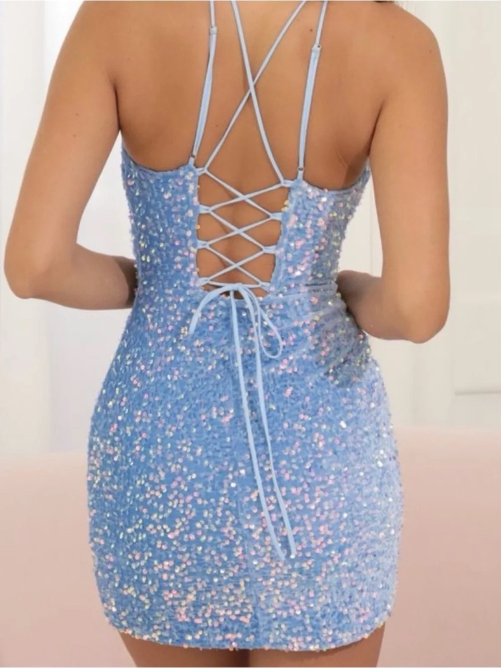 Lucy in the Sky Iridescent Light Blue Sequin Halter mini dress - Picture 2 of 11